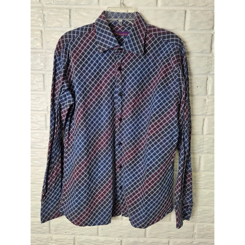 QR Quick Reflex Men's size Large Maroon Blue button up long sleeved shirt